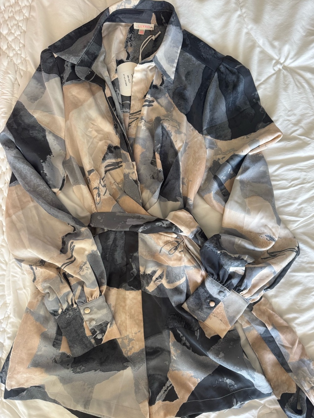 Luxxel Abstract Gray Watercolor Romper in Black, Gray & Beige